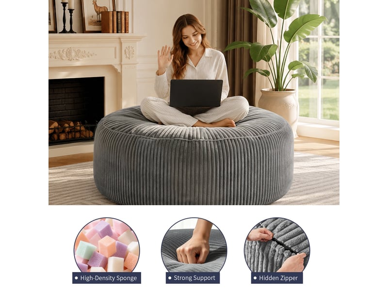  Fauteuil simple - 143x55cm - fauteuil pouf géant poire en mousse mémoire et tissu corduroy doux - gris  - Conforama D