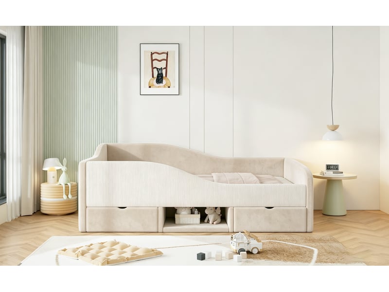 Lit enfant 90 × 190 cm 1 place avec 2 tiroirs, rangements et barrières, sans matelas, en velours beige - Conforama E