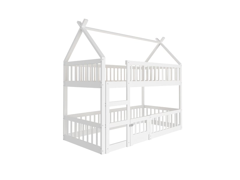  Lit superposé enfant 90x200 cm avec escalier et toit, blanc  - Conforama A