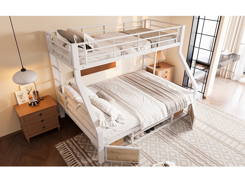  Lit superposé blanc 90x200 cm + 140x200 cm avec rangements, placard à chaussures, garde-corps et échelle  - Conforama C