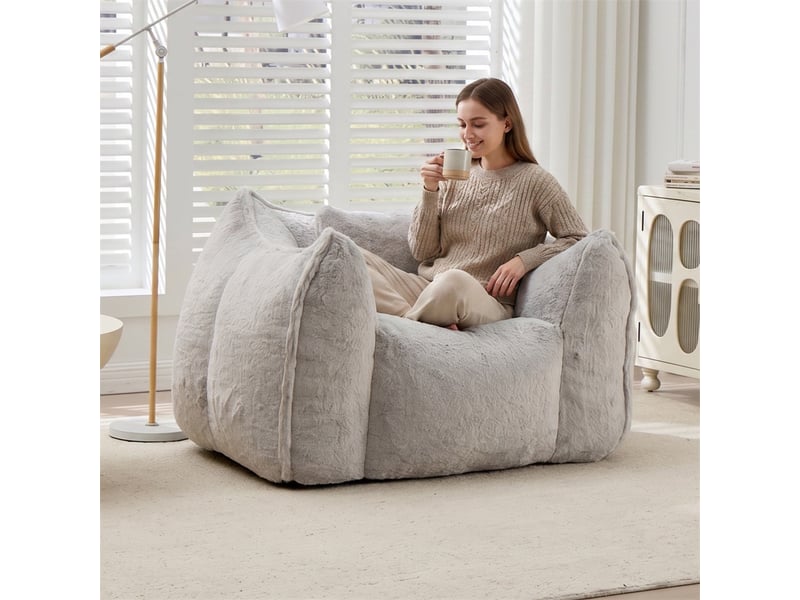  Fauteuil poire 1 place - 123x97x73cm - avec oreiller de confort - pouf géant en fourrure synthétique gris  - Conforama D