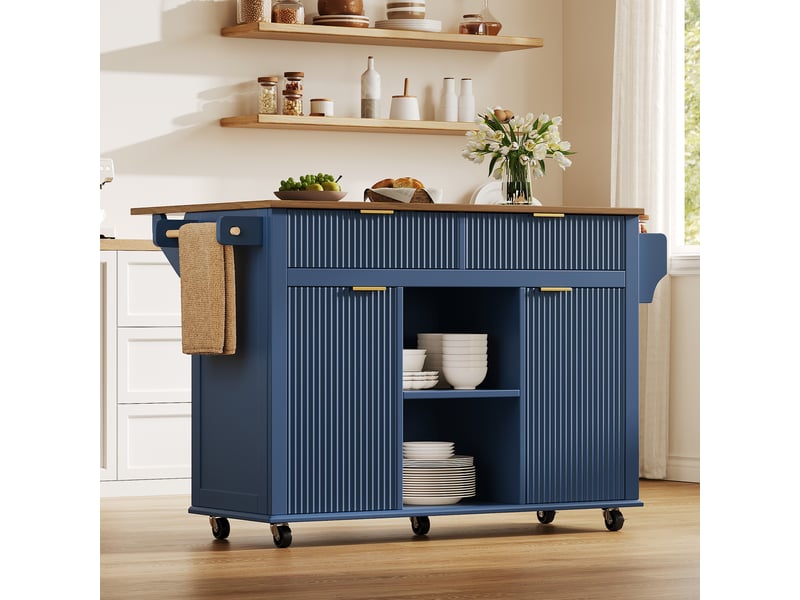  Îlot de cuisine sur roulettes avec plateau pliant extensible, chariot de cuisine avec 2 tiroirs et 2 portes, bleu cloisonné  - Conforama R