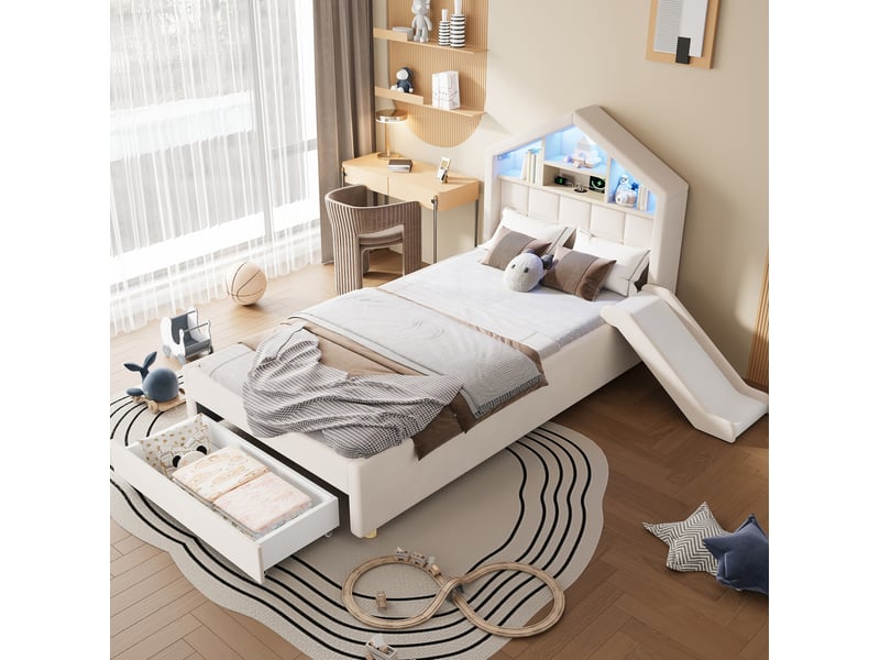  Lit enfant 90x200 cm avec toboggan réversible et éclairage led en velours beige  - Conforama B