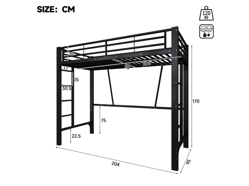  Lit mezzanine 90 x 200cm, structure de lit en métal, double échelle, espace ouvert sous le lit, noir  - Conforama C