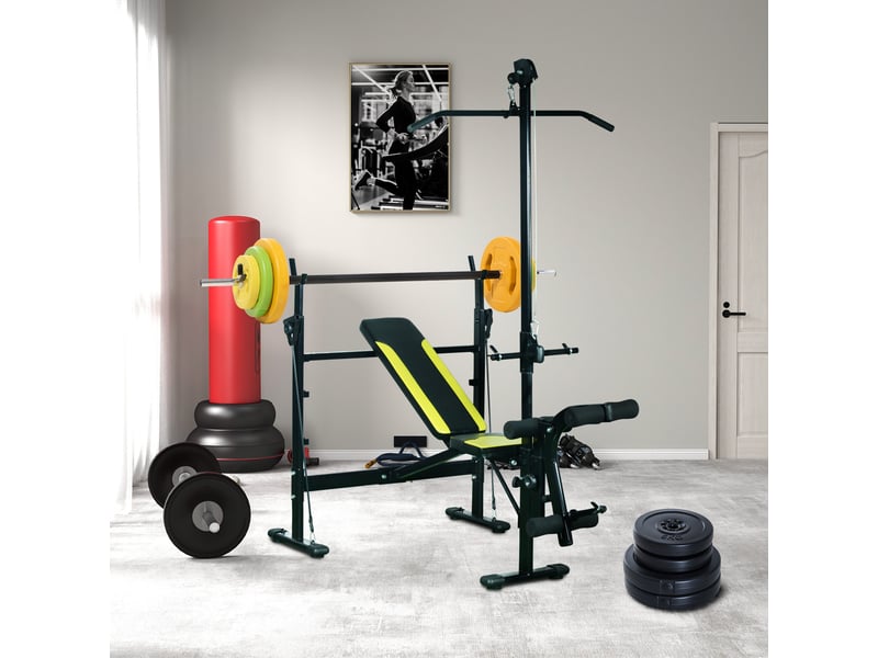  Ensemble haltères et barre 20 kg avec 6 haltères disques de 1,5 kg, 2,5 kg et 5 kg gym musculation orange vert et jaune  - Conforama C
