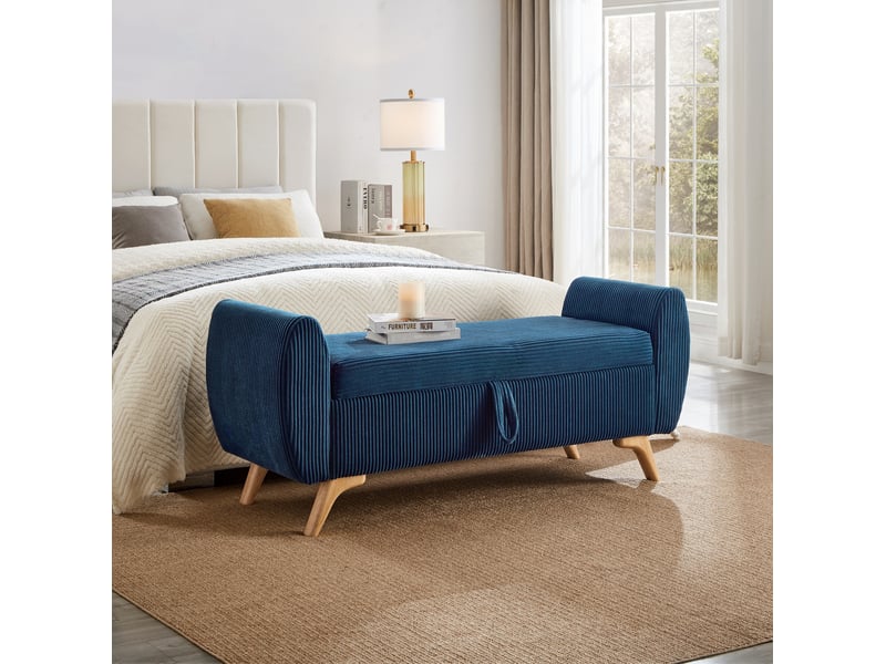  Banquette coffre tcqpz pliable 145 x 51 x 57 cm en velours côtelé bleu avec pieds en bois  - Conforama E