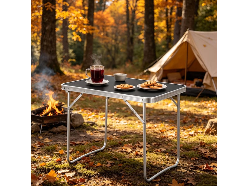  Table de camping pliante noire 70 x 50 x 60 cm, légère avec poignée, idéale pour vos pique-niques et loisirs  - Conforama E