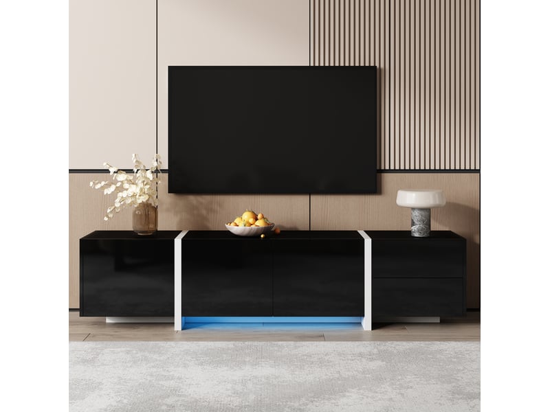  Meuble tv modenvie noir et blanc avec led, 3 portes, tiroir et porte abattante 170 x 30 x 39 cm  - Conforama B
