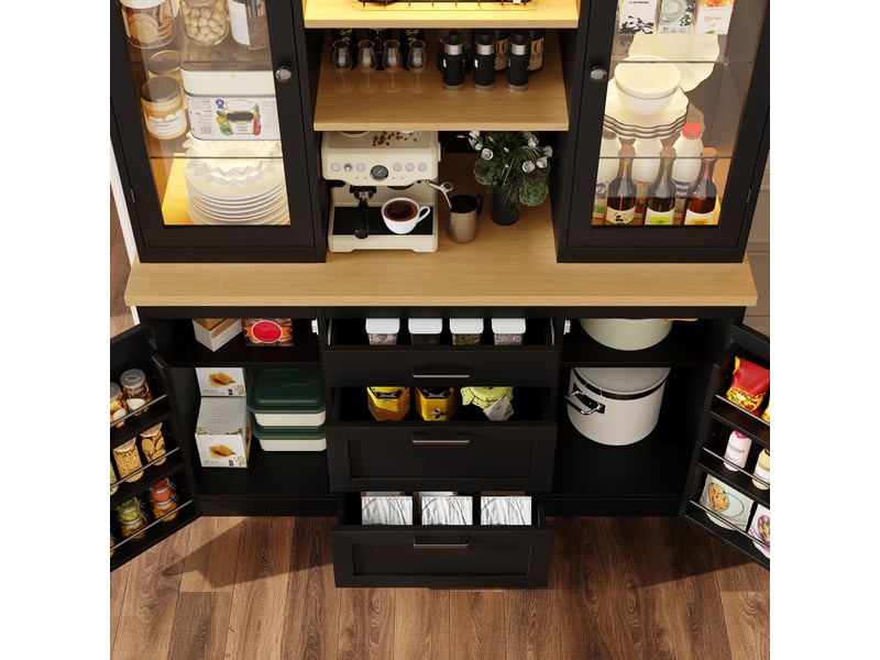  Rayofi buffet de cuisine 140 x 40 x 185 cm - 3 tiroirs, étagères réglables, plan de travail, led rgb contrôlables par application, noir  - Conforama E