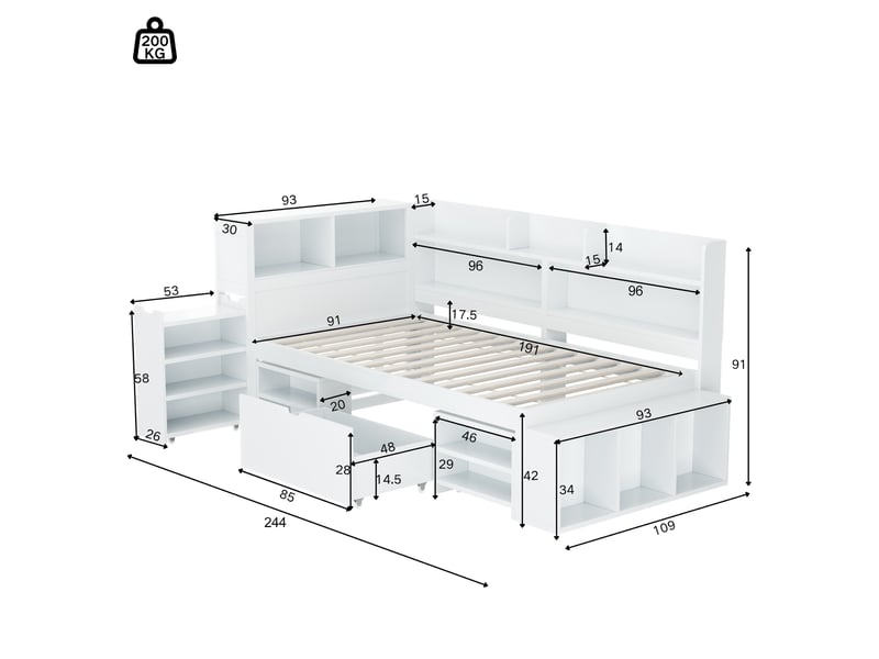  Lit enfant multifonction blanc 90x190 cm avec tiroirs, étagères et grand rangement, sommier inclus  - Conforama C