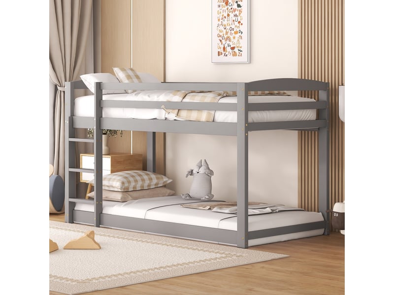 Lit superposé enfant 90 × 200 cm 2 places avec barrières de sécurité, sans matelas, en pin massif, gris - Conforama E