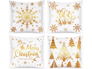 Lot de 4 housses de coussin de noël 45 x 45 cm, motif flocons de neige d'hiver, décoration de noël jaune