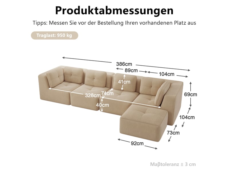  Canapé d’angle modulable 4 places en velours côtelé beige - 386 x 177 x 69 cm  - Conforama E