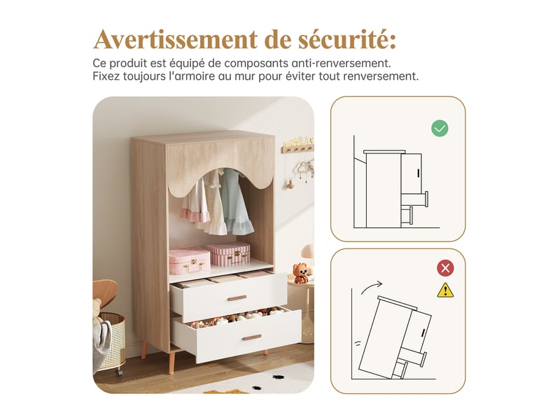  Armoire enfant 80x46x141,5 cm - penderie ouverte, 2 tiroirs, poignées en bois, blanc et bois naturel  - Conforama E