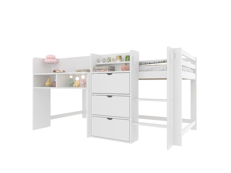  Lit mi-hauteur enfant 90x200 cm forme maison avec rangements bois mdf blanc sans matelas  - Conforama A