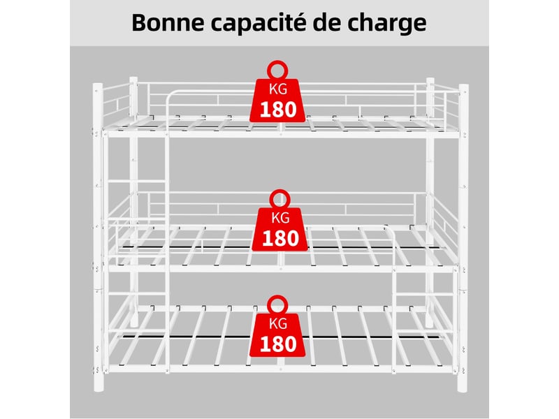  Lit superposé triple métal 90 × 190 cm, échelles, blanc IKSETERA TRADING LTD - Conforama W