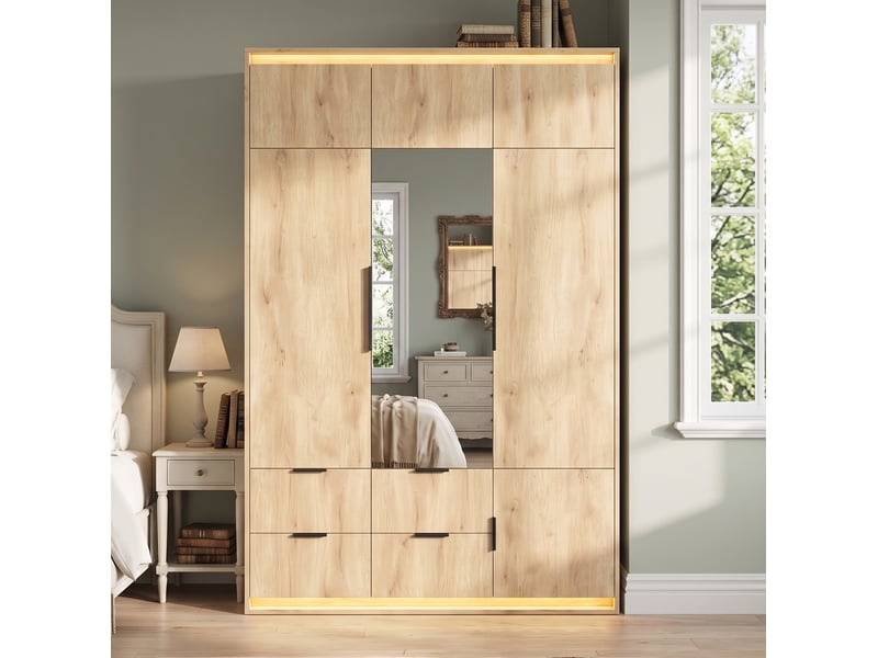  Armoire 3 portes avec miroir et éclairage led, 4 tiroirs, 135x47x200 cm, chêne  - Conforama B
