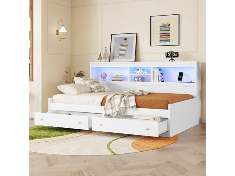  Lit enfant 90x200 cm, avec 2 tiroirs et led, avec tête de lit et lattes, en bois, blanc, sans matelas  - Conforama C