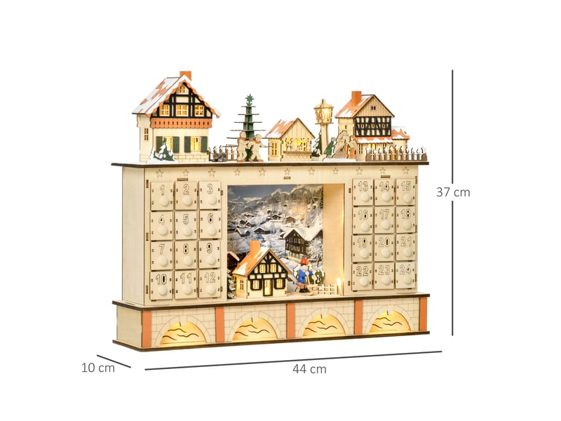  Calendrier de l'avent en bois avec 24 tiroirs à remplir, décorations de village de noël et lumières, 44 x 10 x 37 cm  - Conforama E