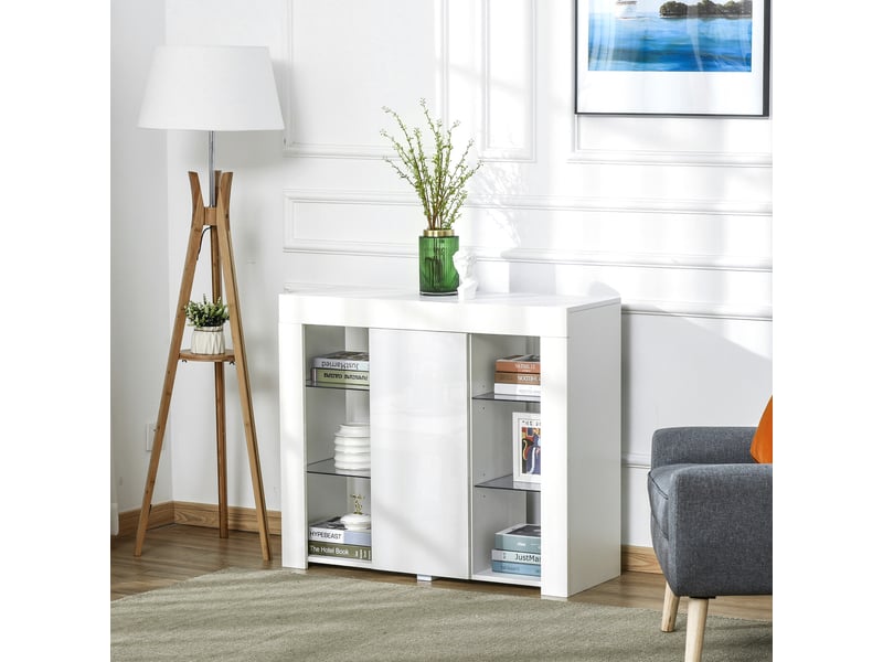  Buffet moderne avec éclairage led et étagères en verre, meuble en bois polyvalent avec finition laquée brillante, 97 x 35 x 83 cm, blanc  - Conforama C