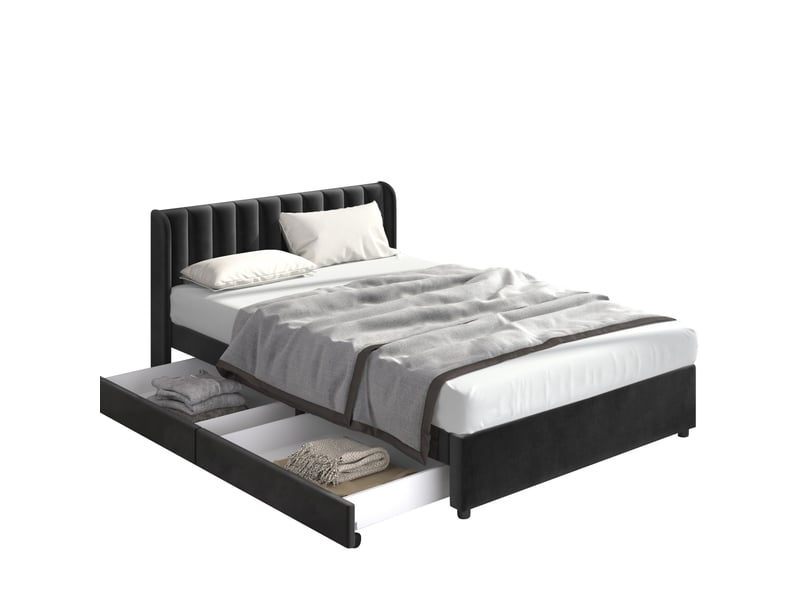  Lit 180 x 200 cm en velours noir avec sommier à lattes et 2 tiroirs  - Conforama A