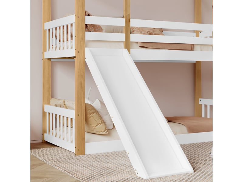  Lit superposé enfant avec fenêtres, échelle angulaire, toboggan et barrières, 90x200cm, blanc et naturel  - Conforama D