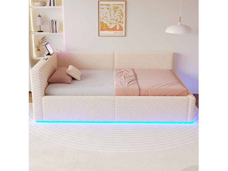  Lit coffre 90x200 cm rangement hydraulique, led et ports usb c en velours beige  - Conforama C