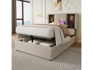 Lit coffre 90 × 200 cm 1 place avec recharge sans fil, usb, type c et 4 étagères, sans matelas, lin naturel