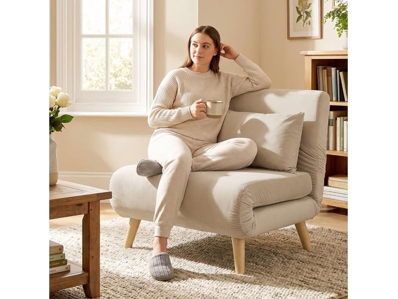  Fauteuil convertible 1 place en velours beige, dossier réglable 6 positions, couchage d'appoint 72 x 190 cm  - Conforama D
