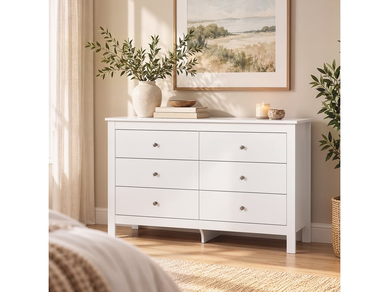  Commode à 6 tiroirs, buffet avec glissières à fermeture douce pour chambre, salon ou entrée, 118 x 39,5 x 75,5 cm, blanc  - Conforama D