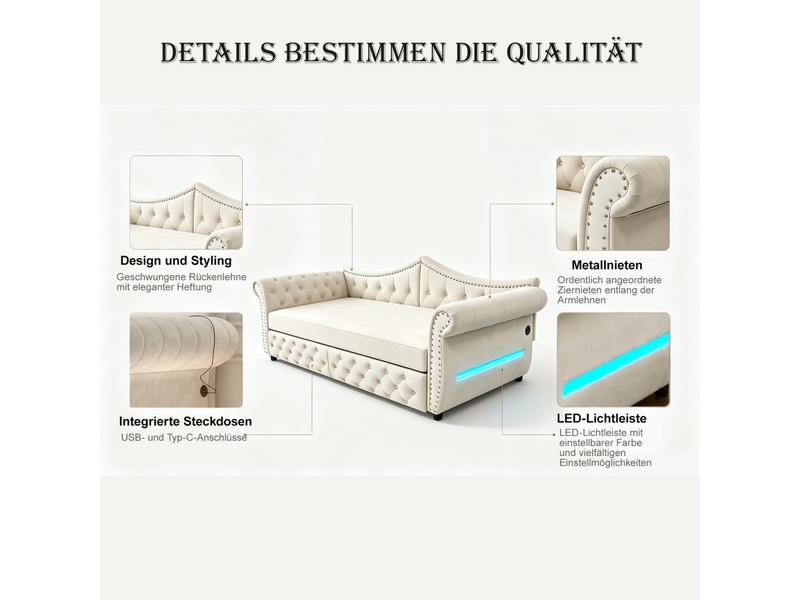 Canapé-lit 3 en 1 capitonné 90x200cm,lit gigogne extensible en 180cm,usb et éclairage led,finition cloutée,velours,sans matelas,beige - Conforama D