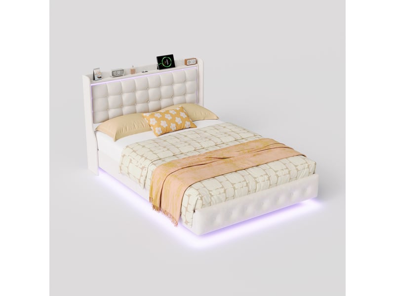  Lit double rembourré en velours - 160x200cm-blanc - avec éclairage led et étagère de tête de lit  - Conforama A