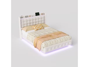 Lit double rembourré en velours - 160x200cm-blanc - avec éclairage led et étagère de tête de lit