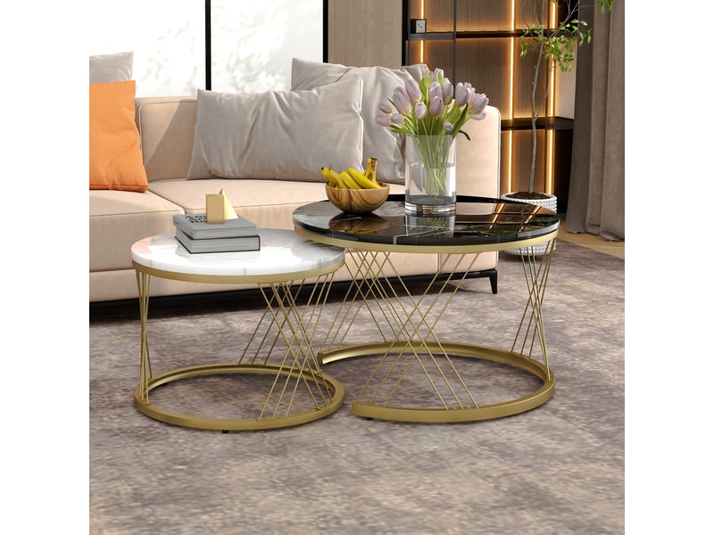  Tables basses gigognes modernes, effet marbre, 2 pièces, tables rondes, cadre doré, finition brillante  - Conforama B