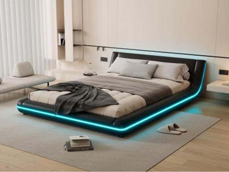  Lit bas 140x200 cm pu noir – led ambiant style contemporain  - Conforama B