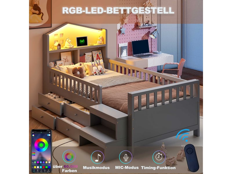 Lit enfant 90x200 cm avec rangement, 4 tiroirs et led, prises usb-c intégrées, structure en bois massif, gris - Conforama D