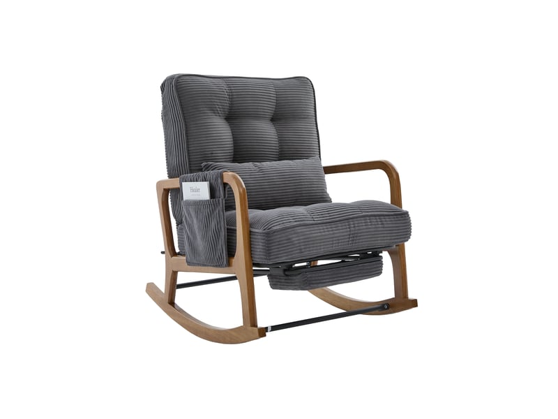  Fauteuil à bascule moderne en velours côtelé gris avec repose-pieds et coussin lombaire  - Conforama D