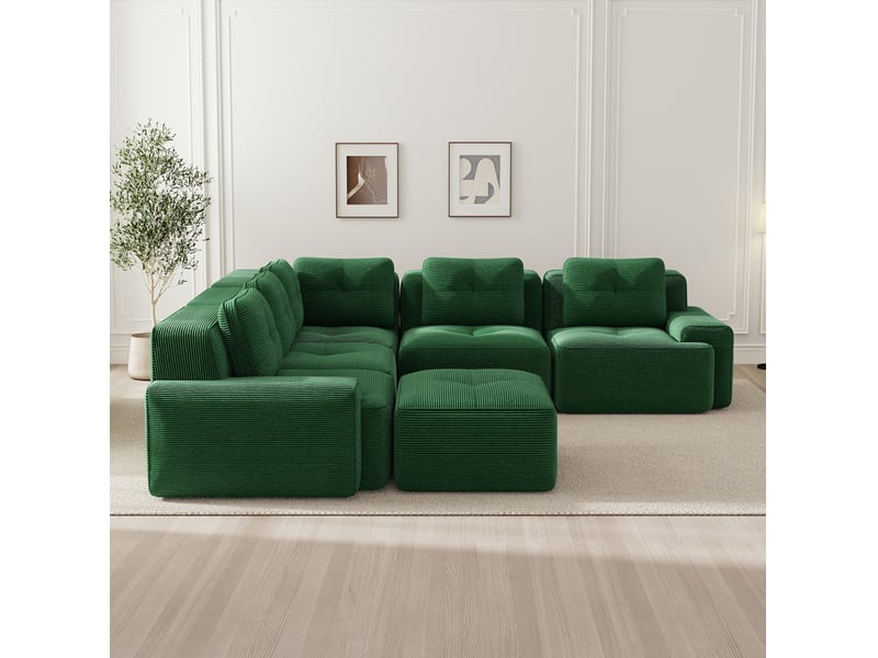  Canapé panoramique modulable modenvie 5 places avec ottomane en velours côtelé vert, convertible, 295 x 295 x 69 cm  - Conforama E