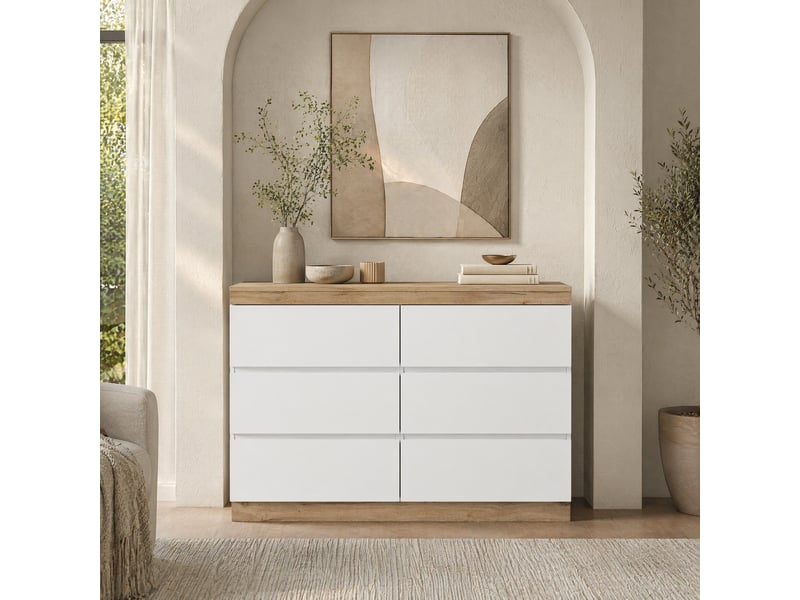 Commode avec 6 tiroirs de rangement, style classique, pour chambre et salon, en panneau de particules blanc et chêne - Conforama C