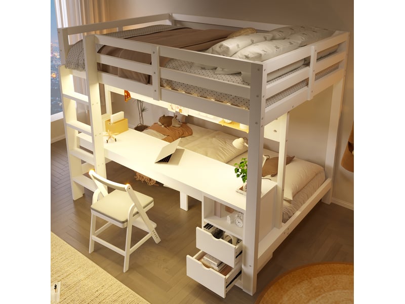 Lit mezzanine superposé 140x200 et 90x200 cm avec bureau, tiroirs et led blanc - Conforama E