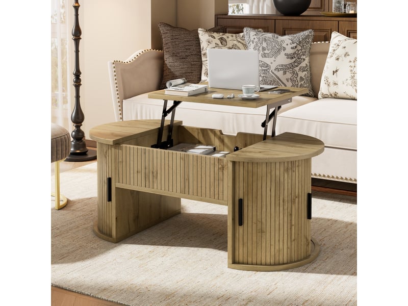 Table basse relevable 100 x 50 x 40,5 cm en mdf avec 2 portes coulissantes, niches ouvertes et rangements - effet chêne Fay Lum - Conforama D