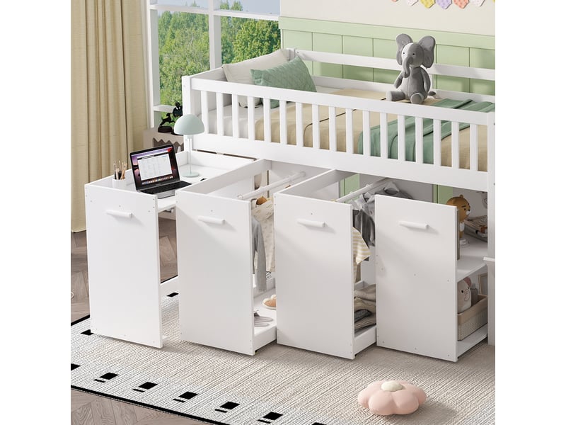  Lit mezzanine enfant 200×90 cm avec bureau coulissant, rangements et escalier, sans matelas, en bois blanc  - Conforama E