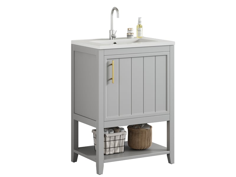 Meuble salle de bain rangement sur pied avec vasque ceramique mdf gris 2 colis homvra - Conforama A