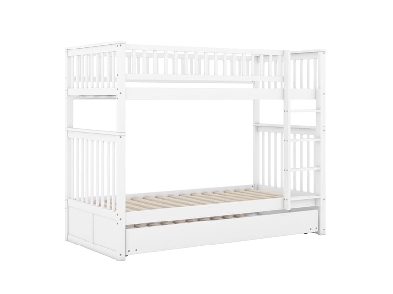  Lit superposé 90x200 cm gigogne 3 couchages avec escalier, pin, blanc, sans matelas  - Conforama D