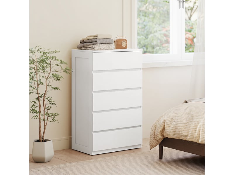  Commode en bois à 5 tiroirs avec poignées rainurées, 60 x 38 x 100 cm, blanche  - Conforama D
