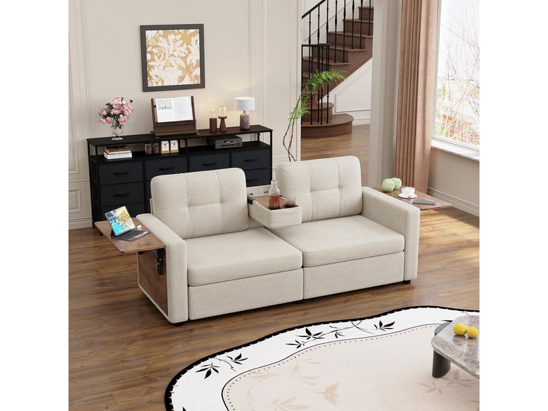 Fauteuil 2 places - 178x71x57.5 cm - canapé en tissu chenille avec table pour ordinateur, tiroirs et porte-gobelets - beige - Conforama C