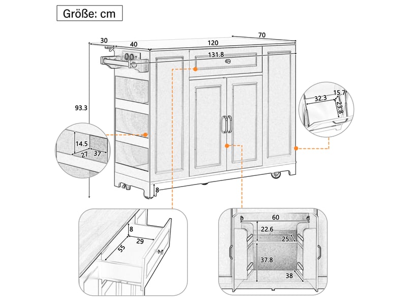  Îlot de cuisine 131.8x40x93.3 cm avec roulettes, plateau extensible, tiroirs multifonctions, compartiment pour bac à déchets, mdf, blanc et naturel  - Conforama C