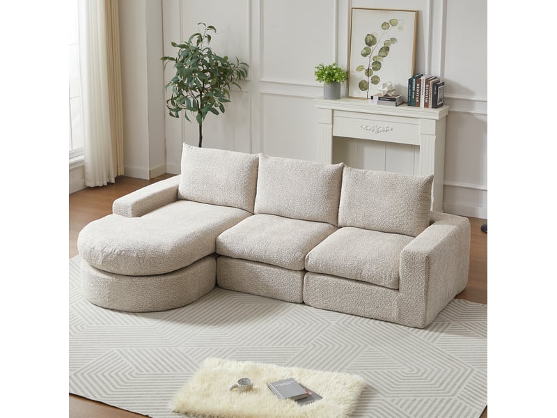  Canapé d'angle modulable compressé 3 places, méridienne réversible, en chenille beige  - Conforama B
