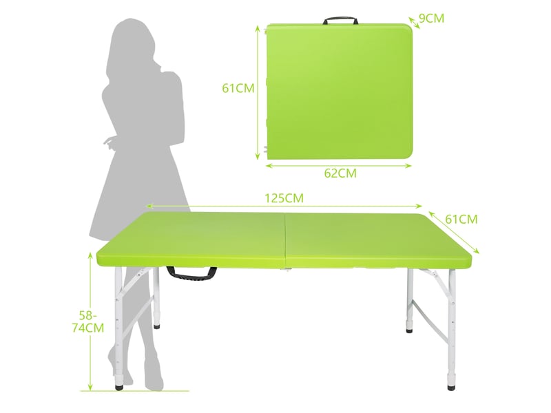  Table pliable portable 125x61 cm – verte – hauteur réglable 58 à 74 cm, poignée de transport et pliage compact  - Conforama C