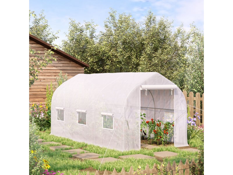 Serre tunnel de jardin 8m², serre de jardin tunnel avec 1 portes et 6 fenêtres, bâche pe 140gm² 400x200x200cm blanc - Conforama C